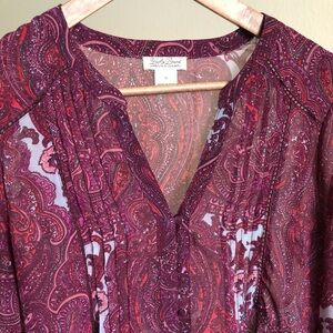 Lucky Brand Paisley Button Down Sheer Blouse Embroidery Pleated Small Boho